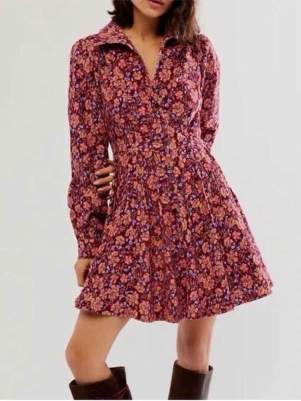 FREE PEOPLE marvelous MIA dress floral long sleeve corduroy mini / size 8